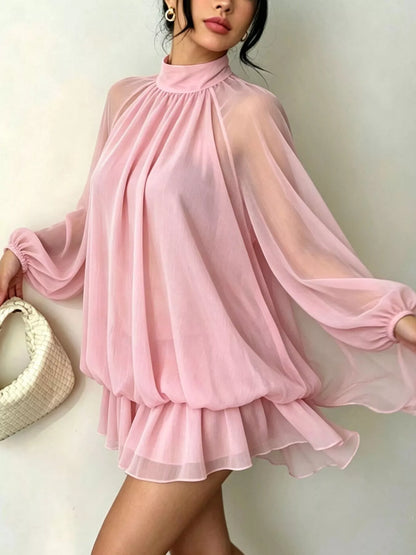 Mock Neck Sheer Chiffon Mini Dress - Dusty Pink - View 4