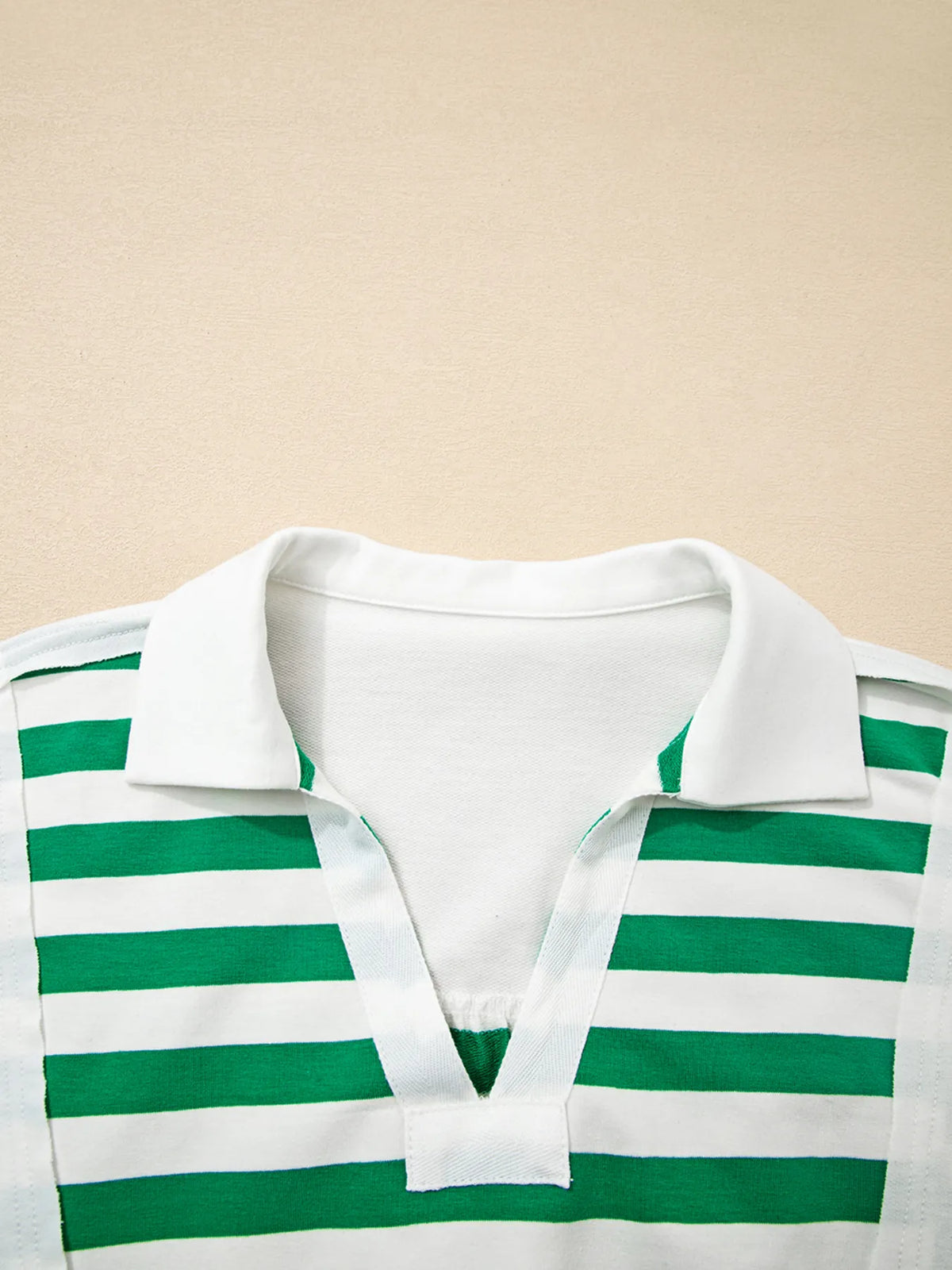 Stripe Colorblock Collared V Neck Cropped Top - Green - View 4