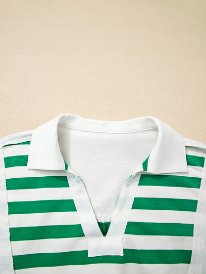 Stripe Colorblock Collared V Neck Cropped Top - Green - View 4