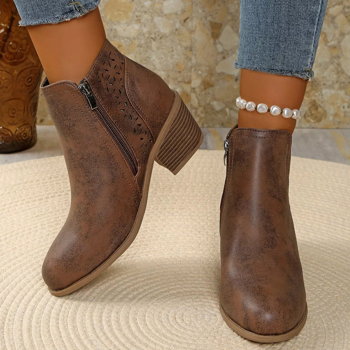 Point Toe Block Heels Boots - Brown - View 9