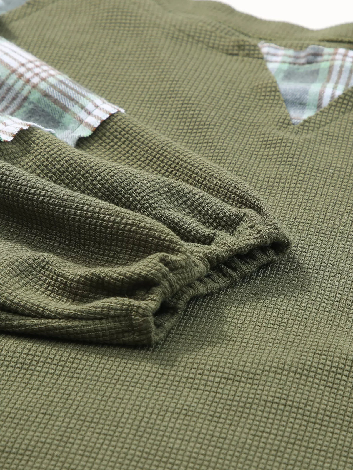 Plaid Patch Waffle Knit Exposed Seam Bubble Sleeve Top - Moss - View 9
