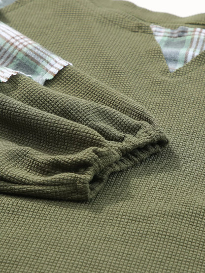 Plaid Patch Waffle Knit Exposed Seam Bubble Sleeve Top - Moss - View 9