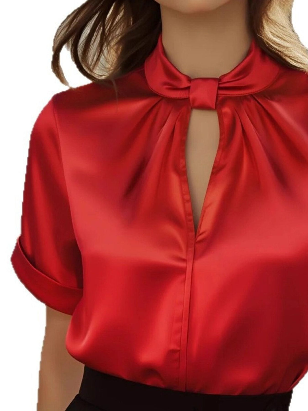 Keyhole Neck Satin Blouse - Red - View 8