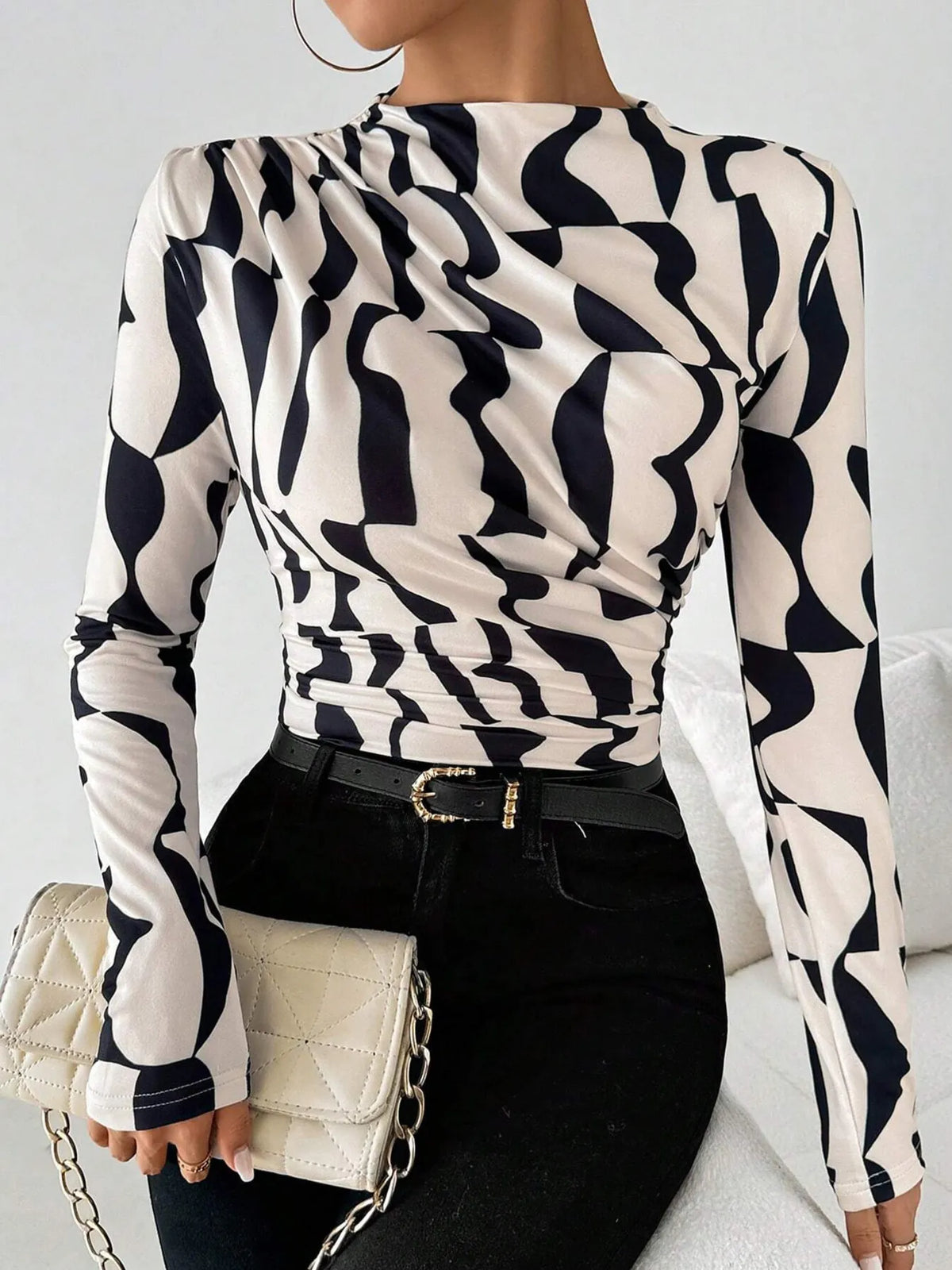 Printed Long Sleeve Blouse - Apricot - View 1