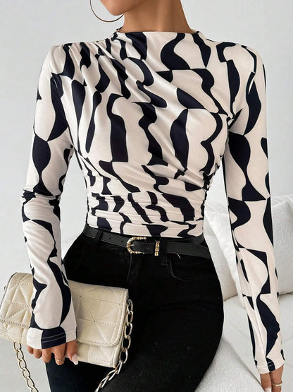 Printed Long Sleeve Blouse - Apricot - View 1