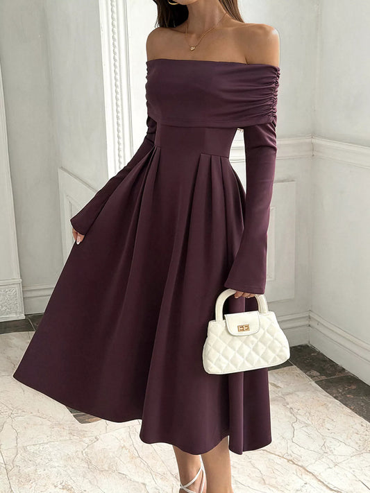 Off-Shoulder Long Sleeve Midi Dress - Coffee Brown - View 2