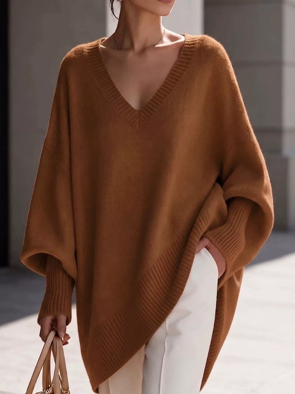 Full Size V-Neck Oversized Batwing Sleeve Sweater Plus Size - Golden Brown - View 34