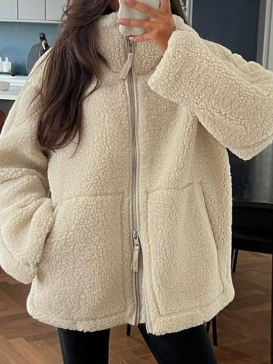 Sherpa Zip-Up Outerwear - Off White - View 1
