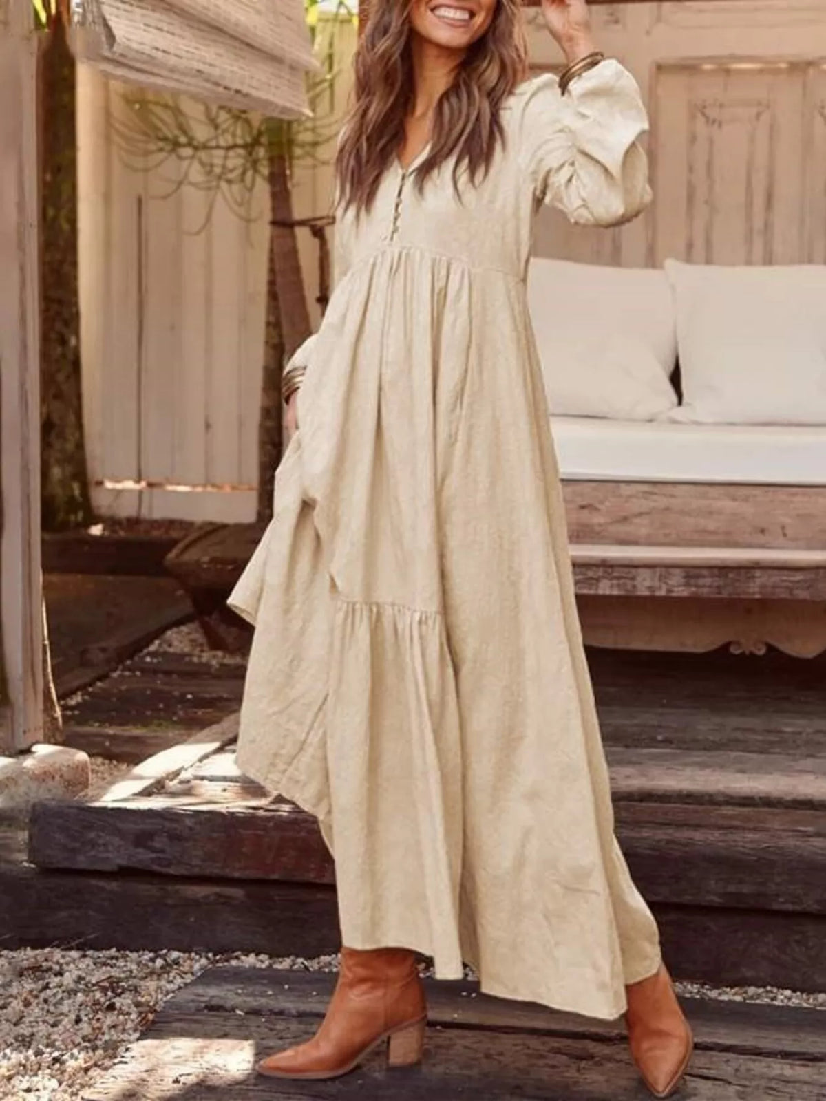 Full Size V-Neck Long Sleeve Tiered Maxi Dress with Pockets Plus Size - Apricot - View 2