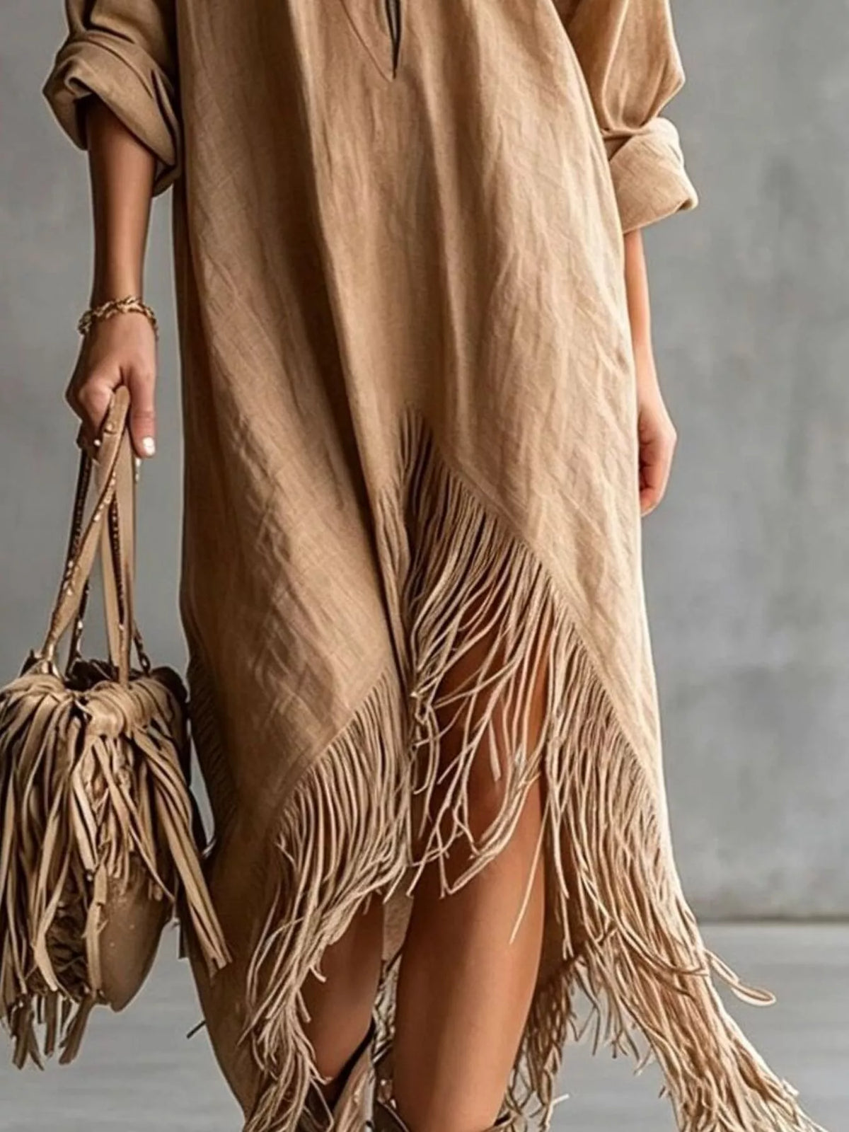 Zipper-Front Fringe Hem Midi Dress - Camel - View 2
