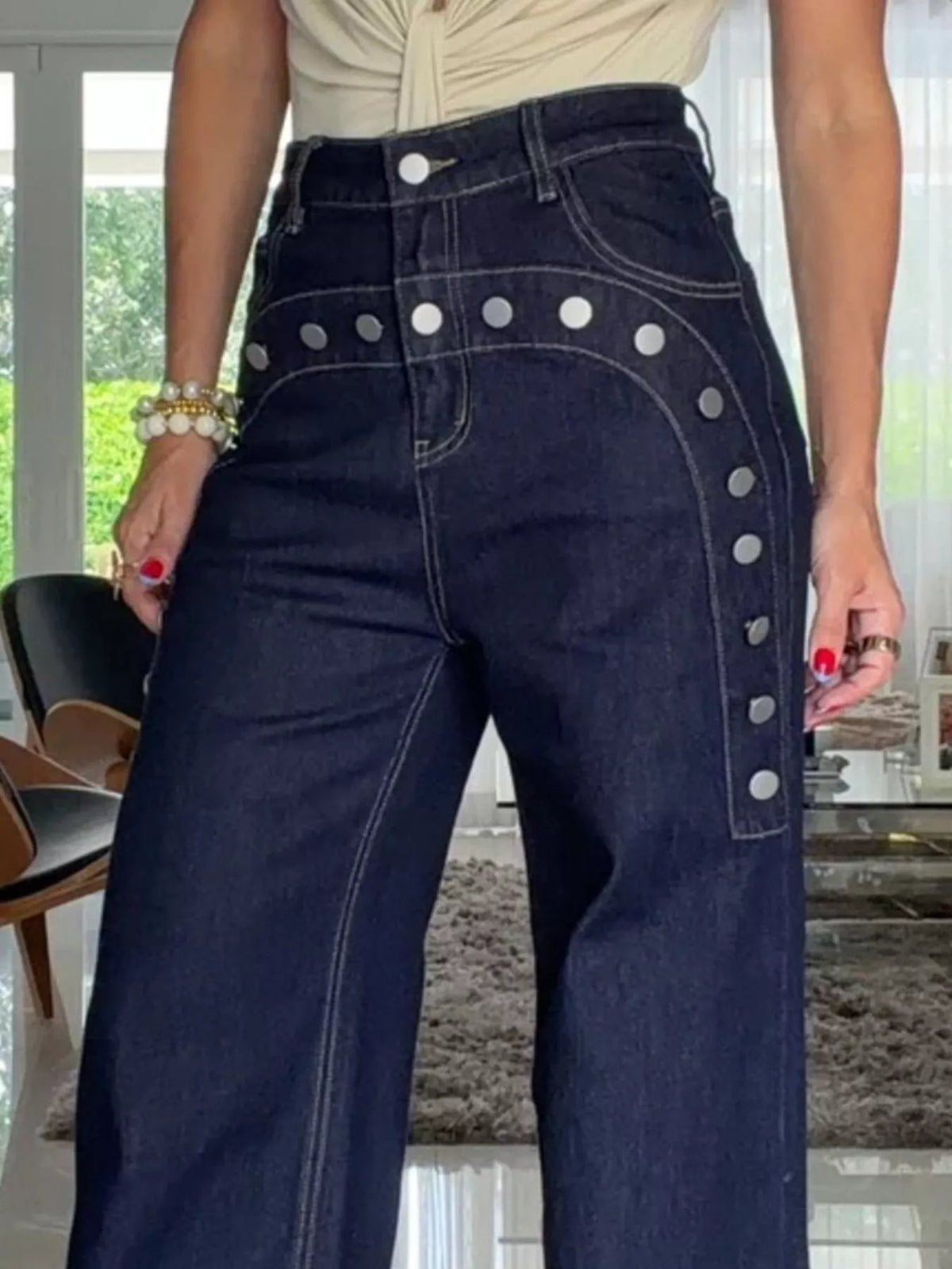 Decorative Button High-Waisted Wide-Leg Jeans - Dark Blue - View 2