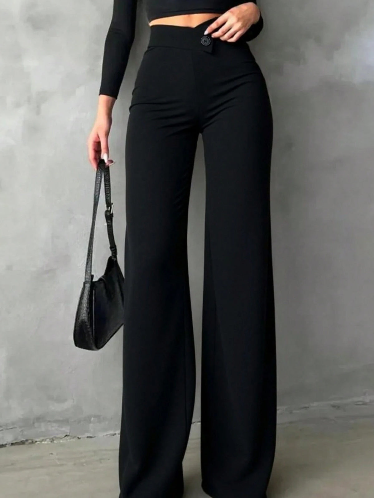 High Waist Wide Leg Pants - Black - View 2