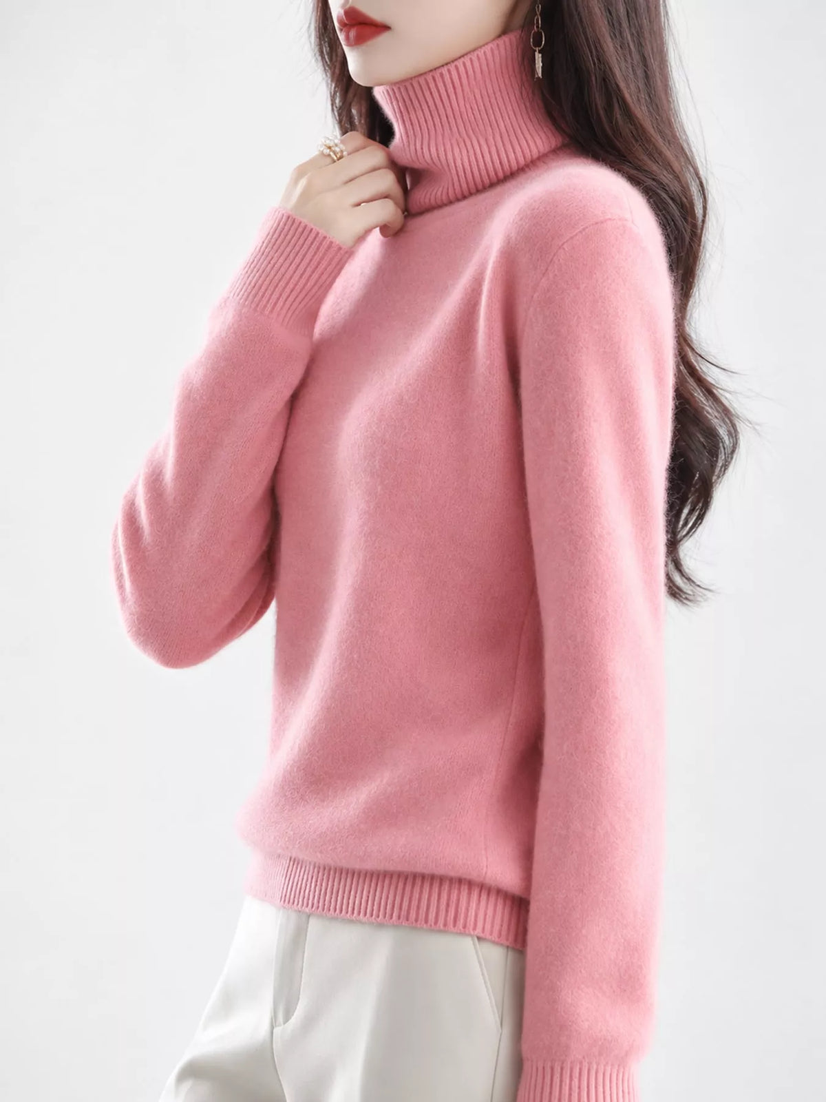 Full Size Turtleneck Long Sleeve Sweater Plus Size - Dusty Pink - View 37