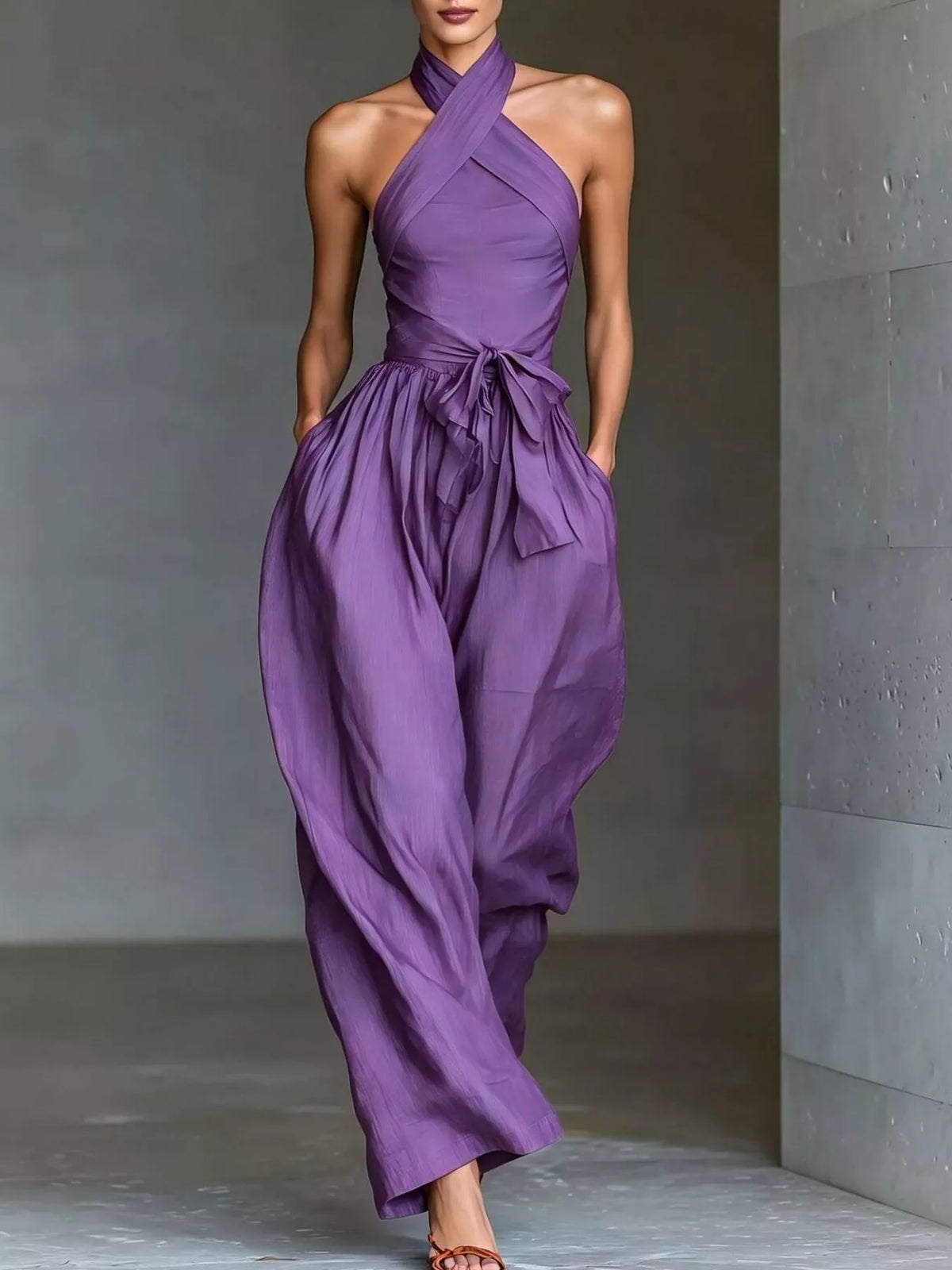 Halter Neck Wide-Leg Jumpsuit with Waist-Tie Detail - Purple - View 1