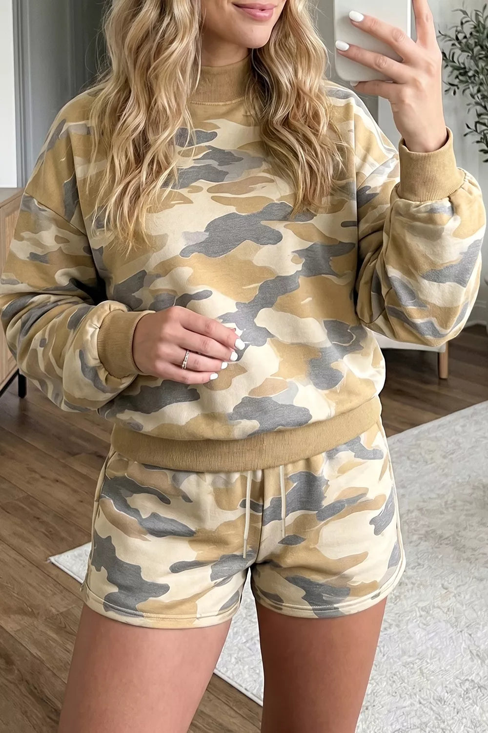 Camouflage Print Long Sleeve Top Drawstring Shorts Set - Green Camouflage - View 1