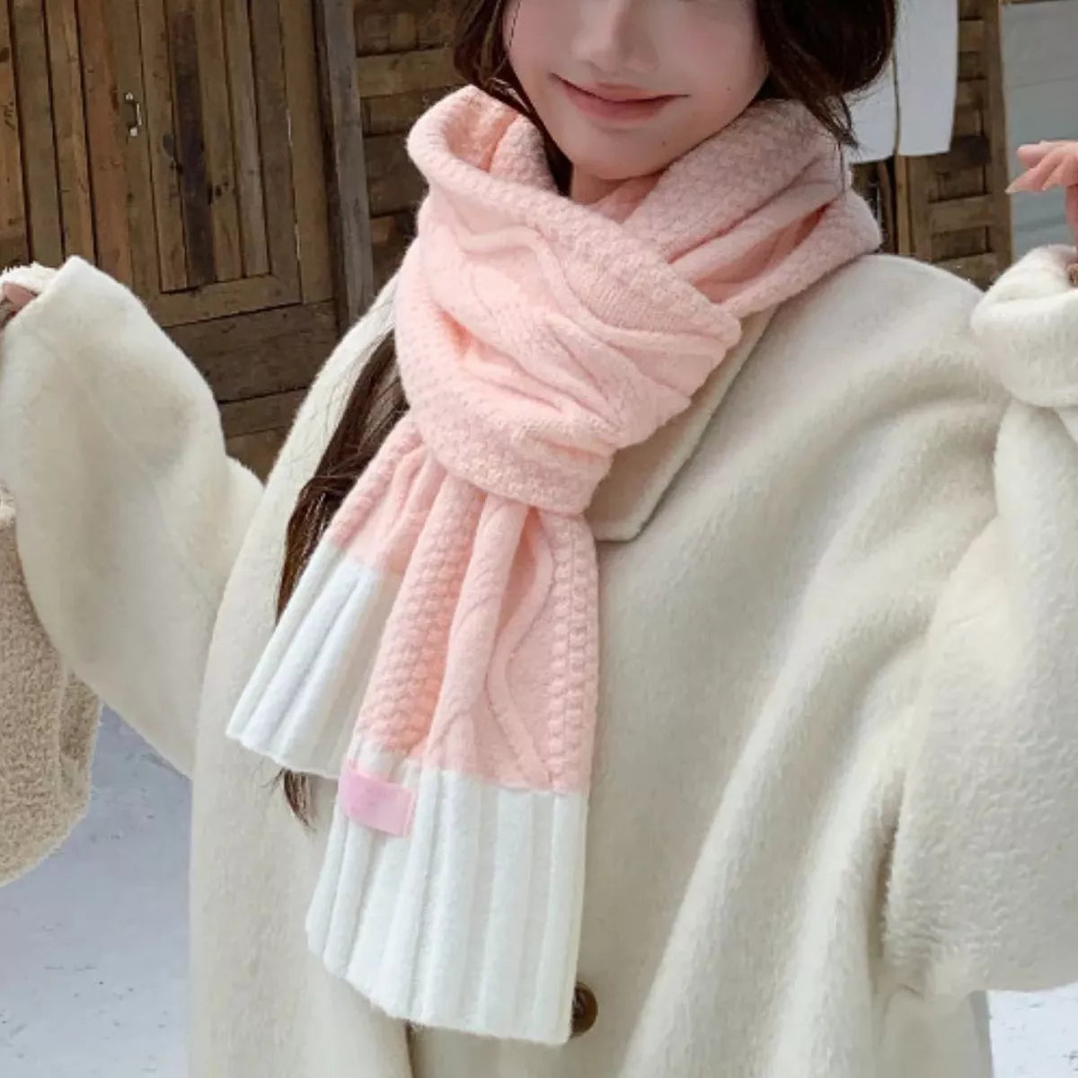 Two-Tone Cable Knitted Scarf - Pink - View 3