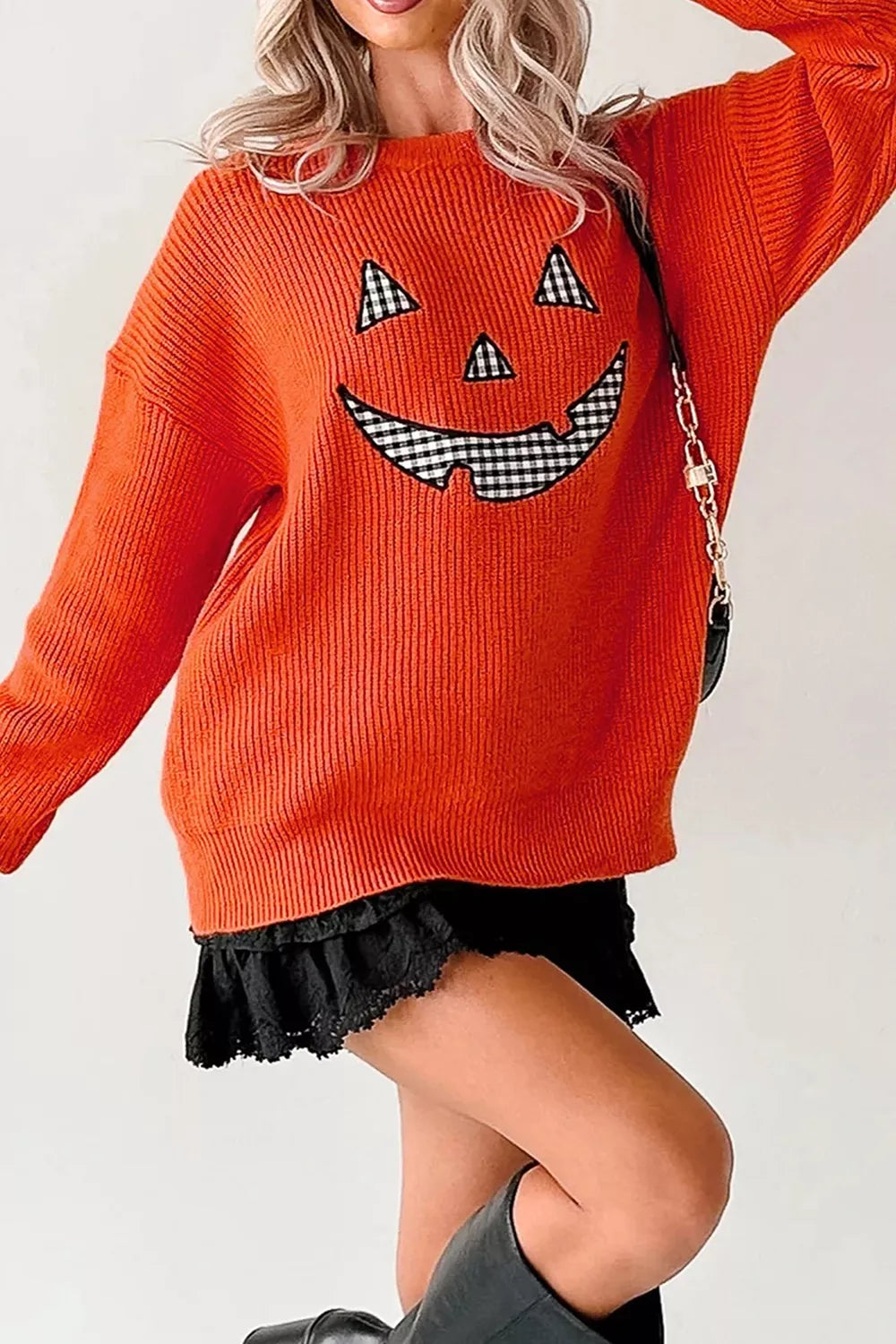 Drop Shoulder Long Sleeve Round Neck Halloween Sweater - Orange - View 11