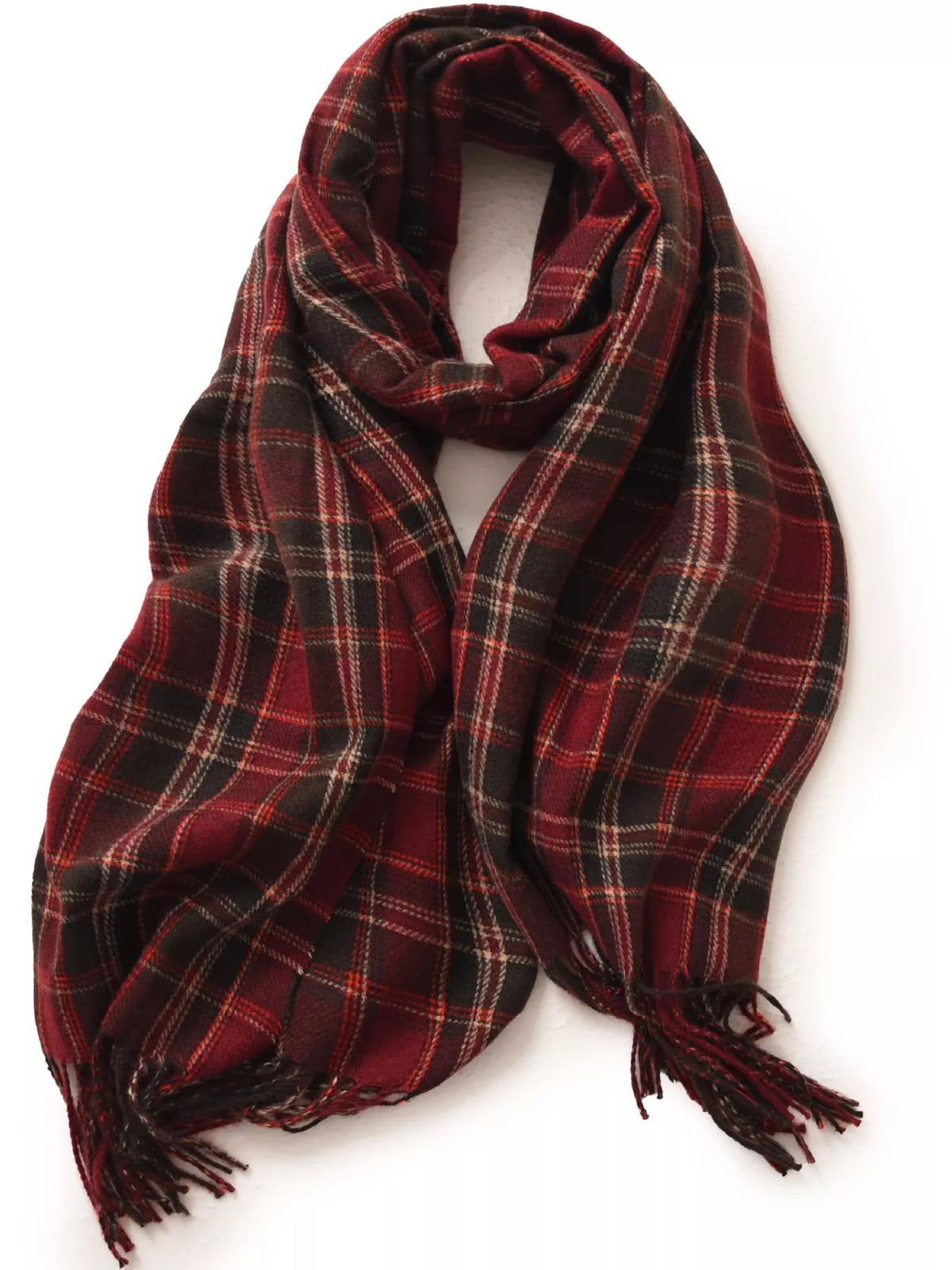 Classic Plaid Fringe Scarf - Burgundy - View 3