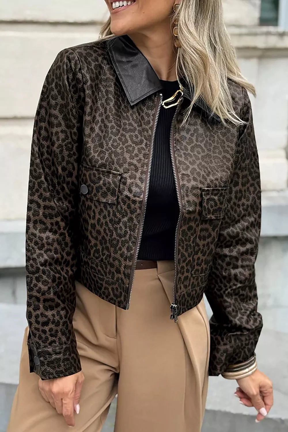 Leopard Print Cropped Faux Leather Jacket with Utility Pockets - Black - View 2