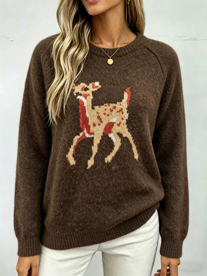 Deer Pattern Raglan Sleeve Sweater - Brown - View 2