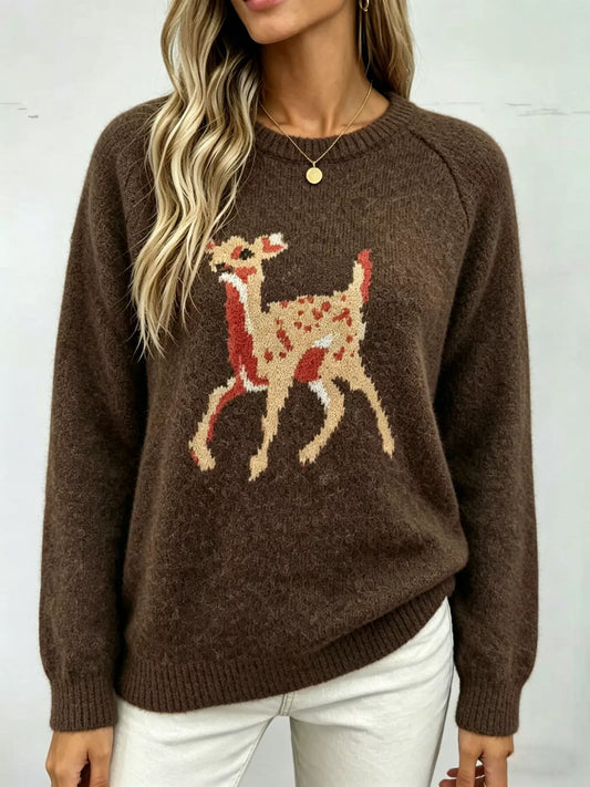 Deer Pattern Raglan Sleeve Sweater - Brown - View 2