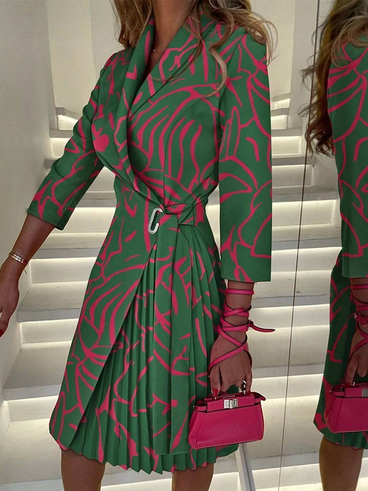 Blazer Style Pleated Midi Dress - Dark Green - View 1