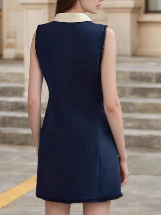 Contrast Collar Button-Front Sleeveless Mini Dress - Dark Blue - View 2