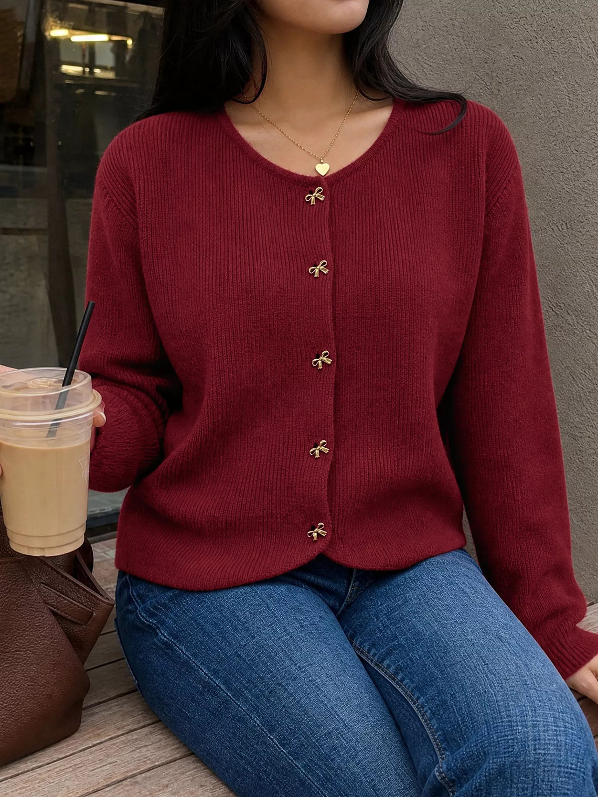 Bow Button Up Knit Cardigan - Burgundy - View 5