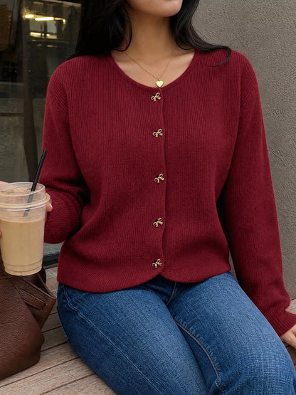Bow Button Up Knit Cardigan - Burgundy - View 5