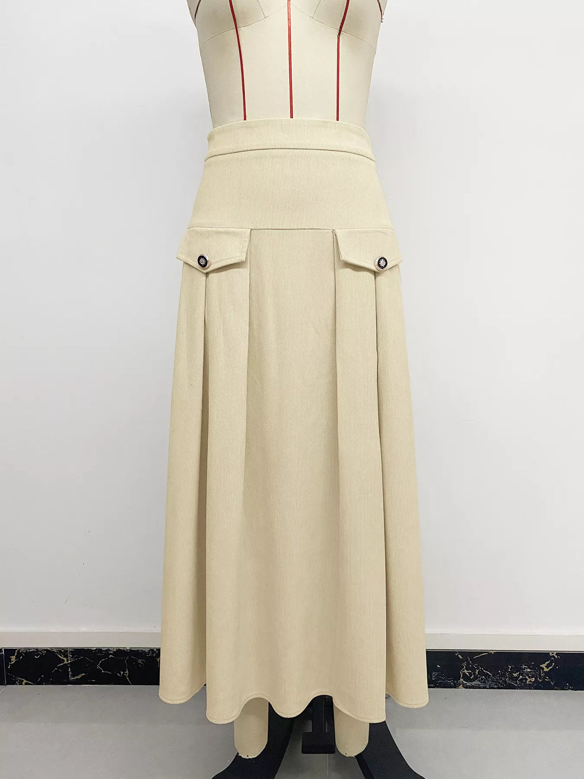 High Waist Pleated Midi Skirt - Khaki - View 7
