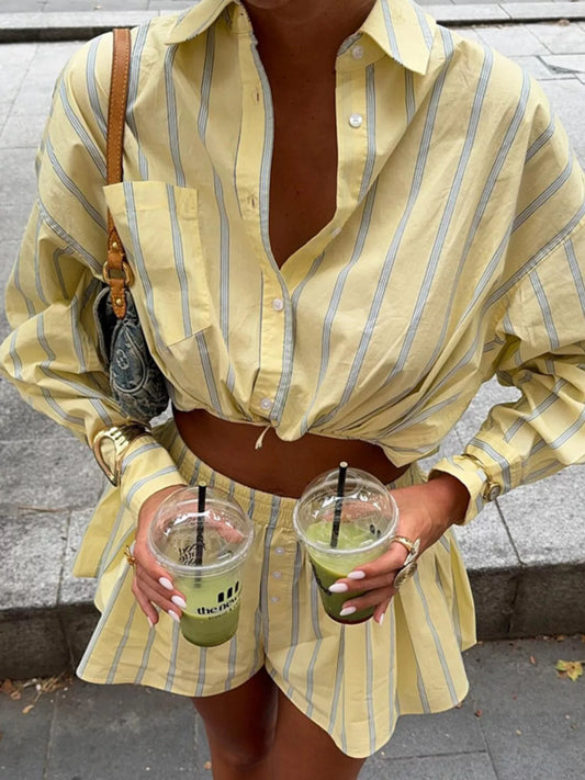 Striped Button Up Shirt and Shorts Set - Pastel Yellow