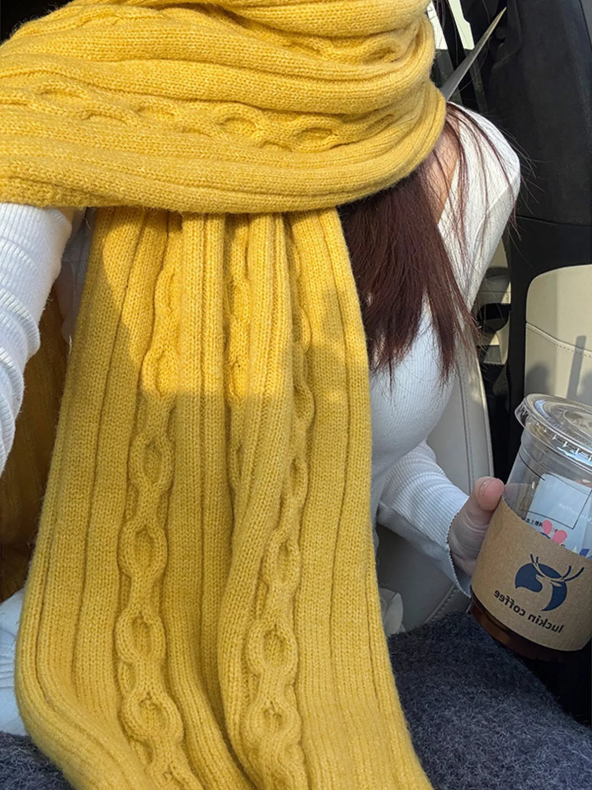 Textured Knit Winter Scarf - Yellow - View 8