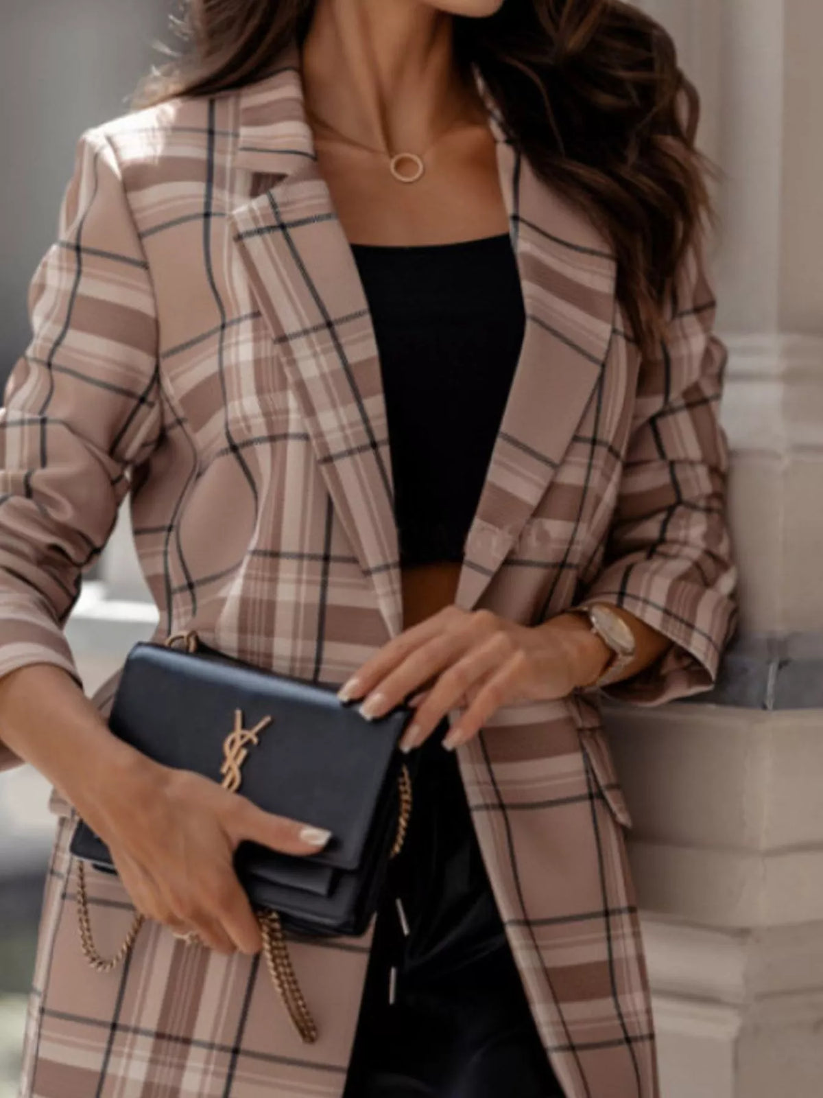 Plaid Lapel Collar Blazer - Camel - View 1