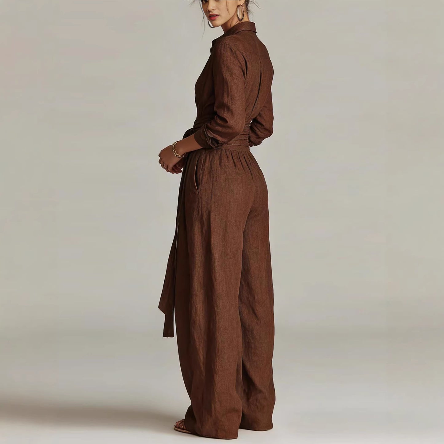 Solid color collar top high waisted pants two-piece set
