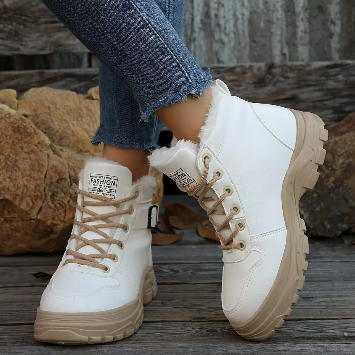 Lace-Up Ankle Boots with Buckle Detail - White - View 1