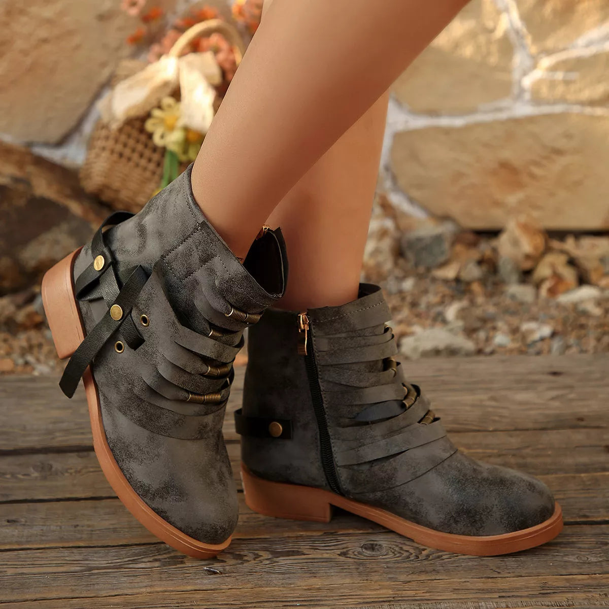 Strappy Buckle Ankle Boots - Grey - View 4