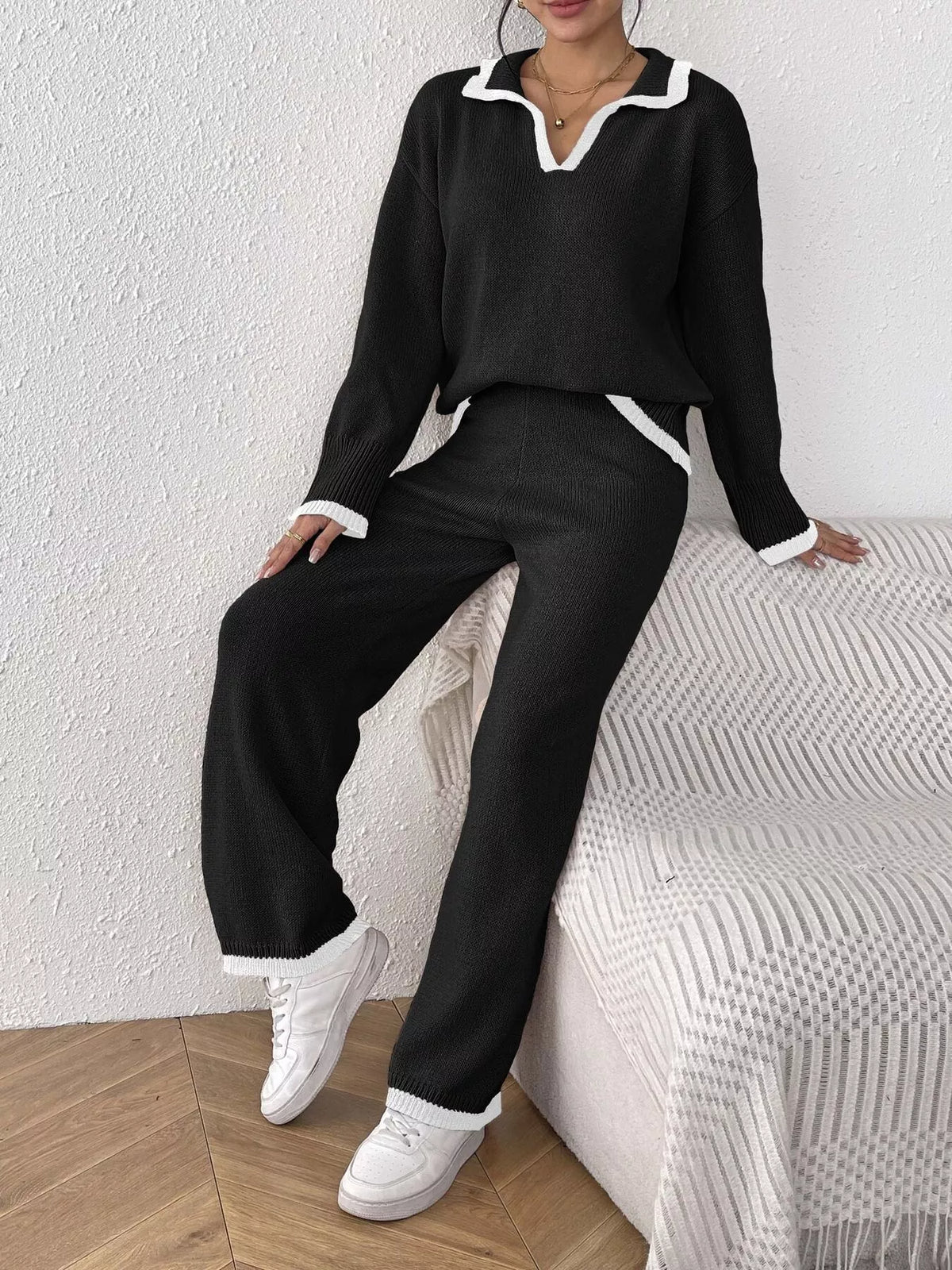 Contrast Trim Polo Collar Top and Pants Sweater Set - Black - View 4