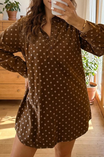 Polka Dot V Neck Long Sleeve Button Shift Dress - Brown - View 1