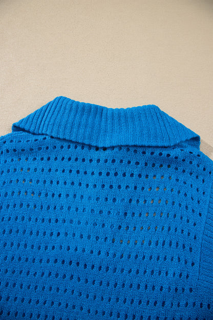 Sky Blue Cutout Knit Zip-Collar Top - Sky Blue - View 11