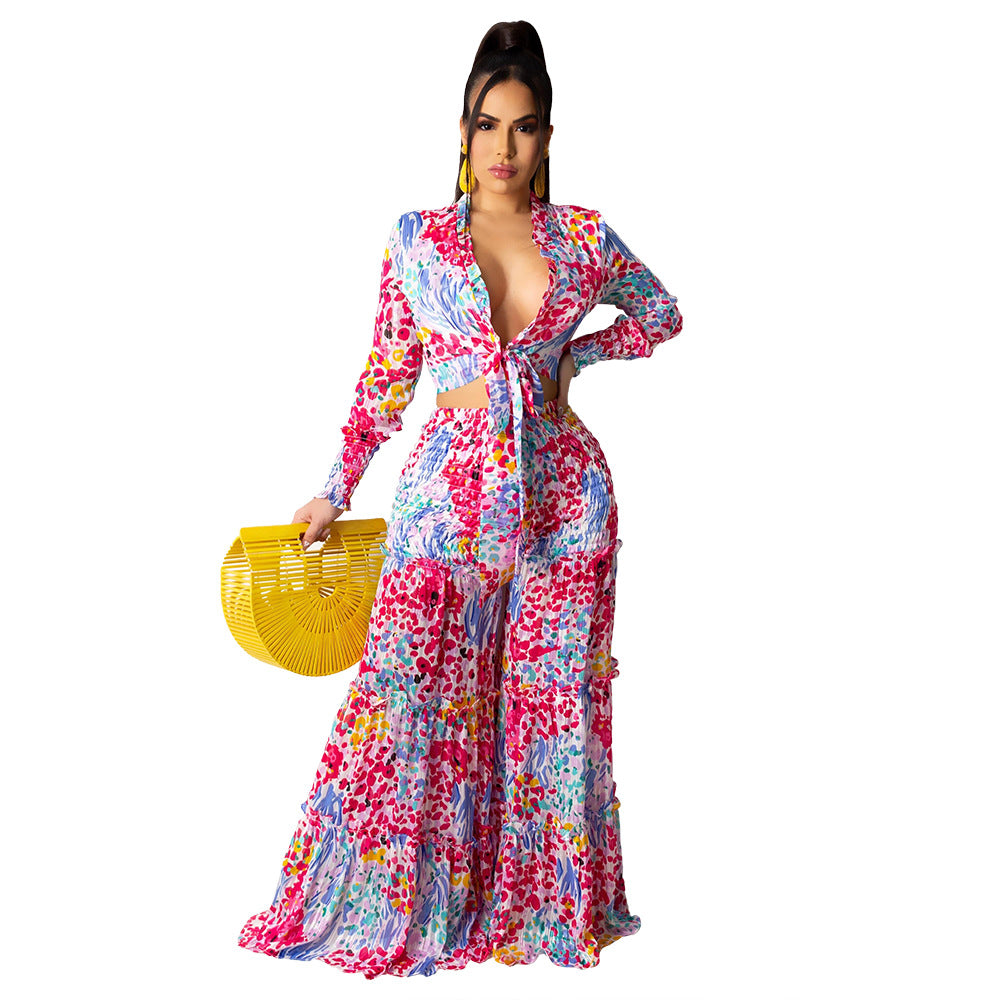 Chiffon Print Long Sleeve Wide Leg Irregular Ladies Casual Suit