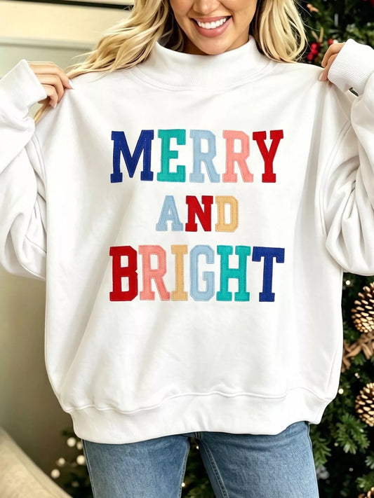 MERRY AND BRIGHT Stitched Letter Pattern Mock Neck Sweatshirt - White - View 2