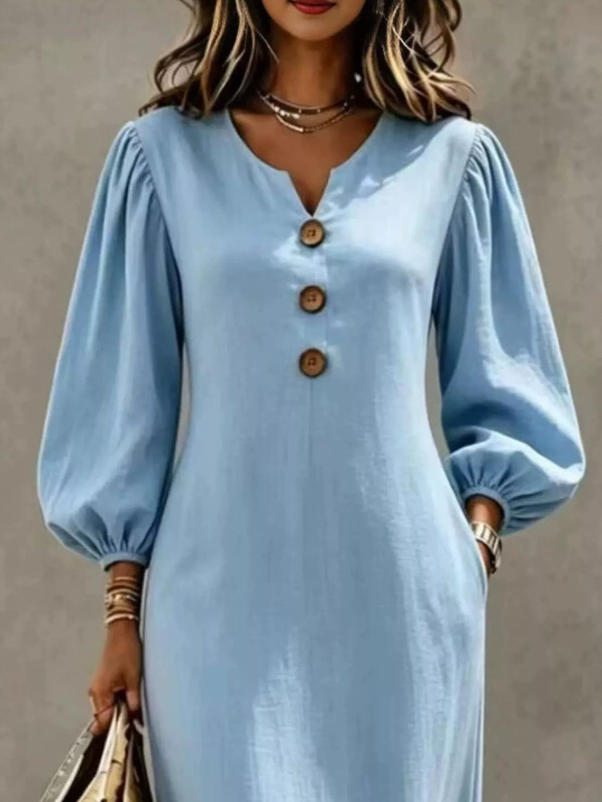 Decorative Button Balloon Sleeve Maxi Dress - Sky Blue - View 2