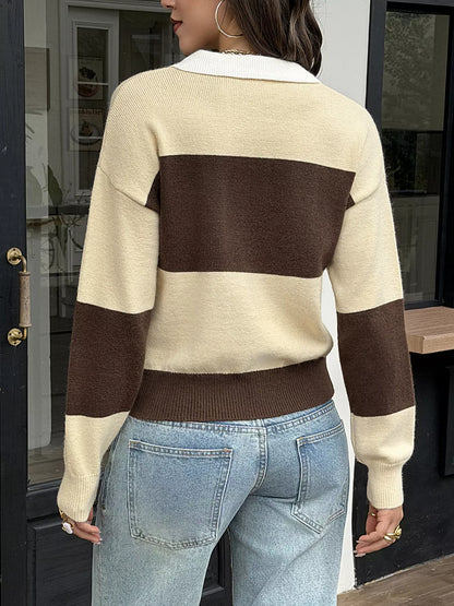 Color Block Polo Collar Knit Sweater - Brown And Yellow Stripes - View 4
