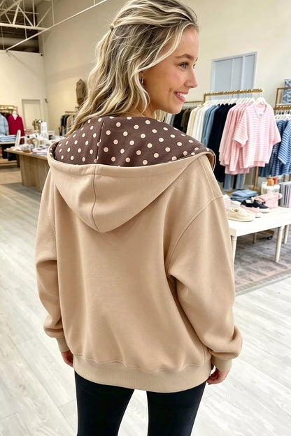 Polka Dot Zip-Up Hoodie - Camel - View 2