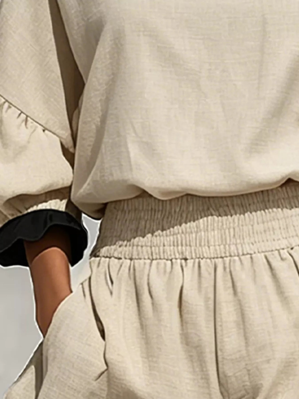 Contrast Trim Dropped Shoulder Top and Shorts Set - Beige - View 3