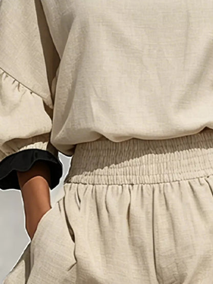 Contrast Trim Dropped Shoulder Top and Shorts Set - Beige - View 3