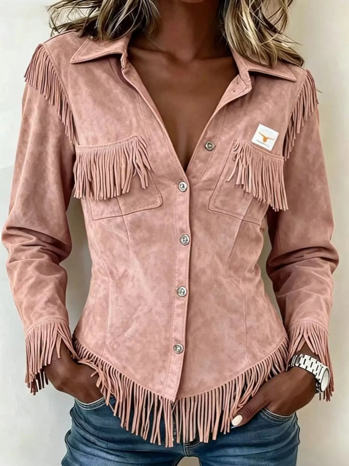 Full Size Fringed Snap Down Jacket Plus Size - Dusty Pink - View 1