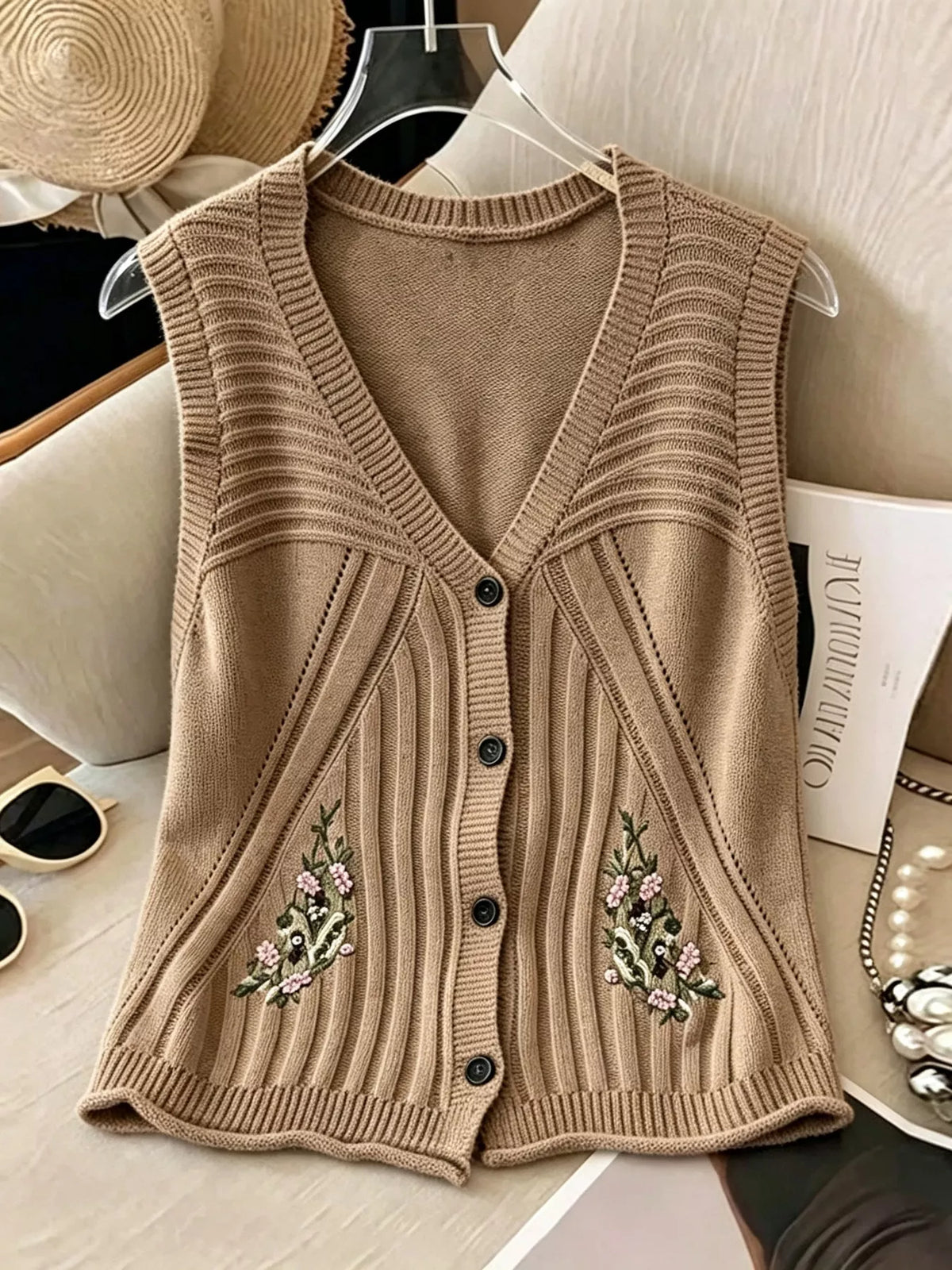 Floral Embroidered V-Neck Button-Down Sweater Vest - Tan - View 1