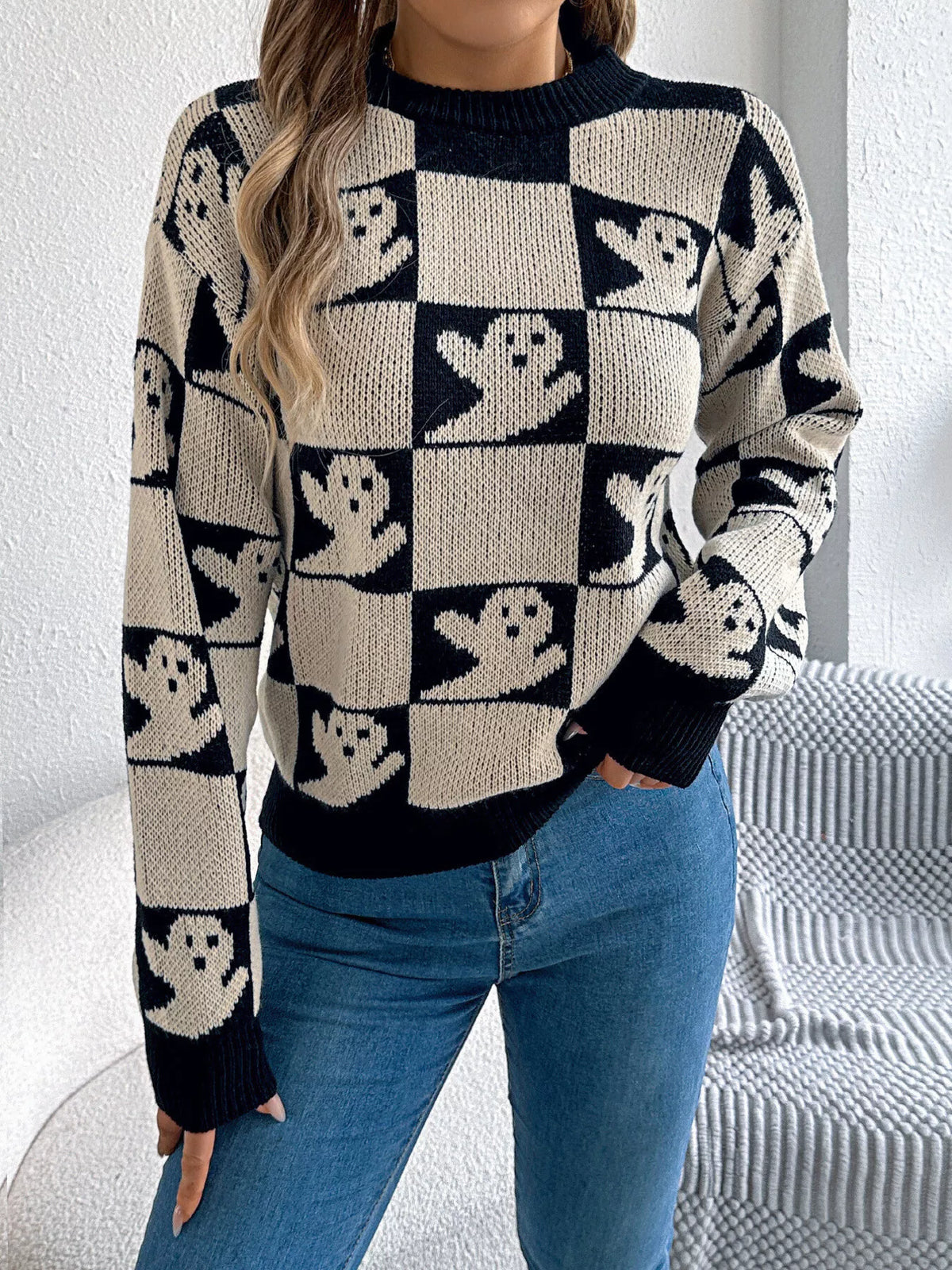 Checkerboard Halloween Graphic Sweater - Beige - View 4