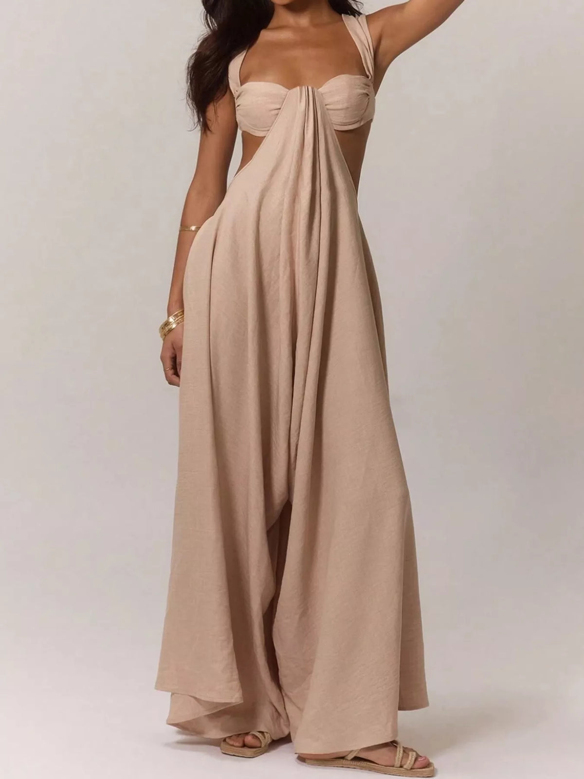 Backless Wide-Leg Jumpsuit with Cut-out Detail - Khaki - View 2